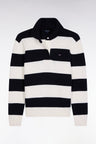 Pull à col maillot en laine et coton à rayures rugby marine et blanc coupe Relaxed