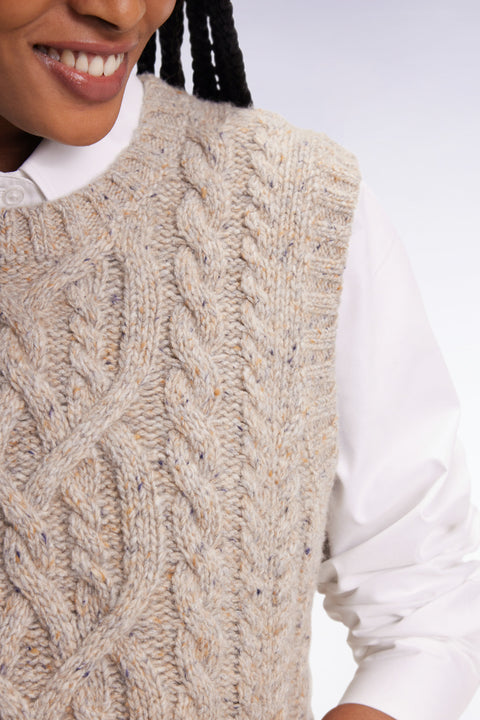 Pull à torsades sans manches en laine vierge mélangée beige coupe Relaxed - Image 3