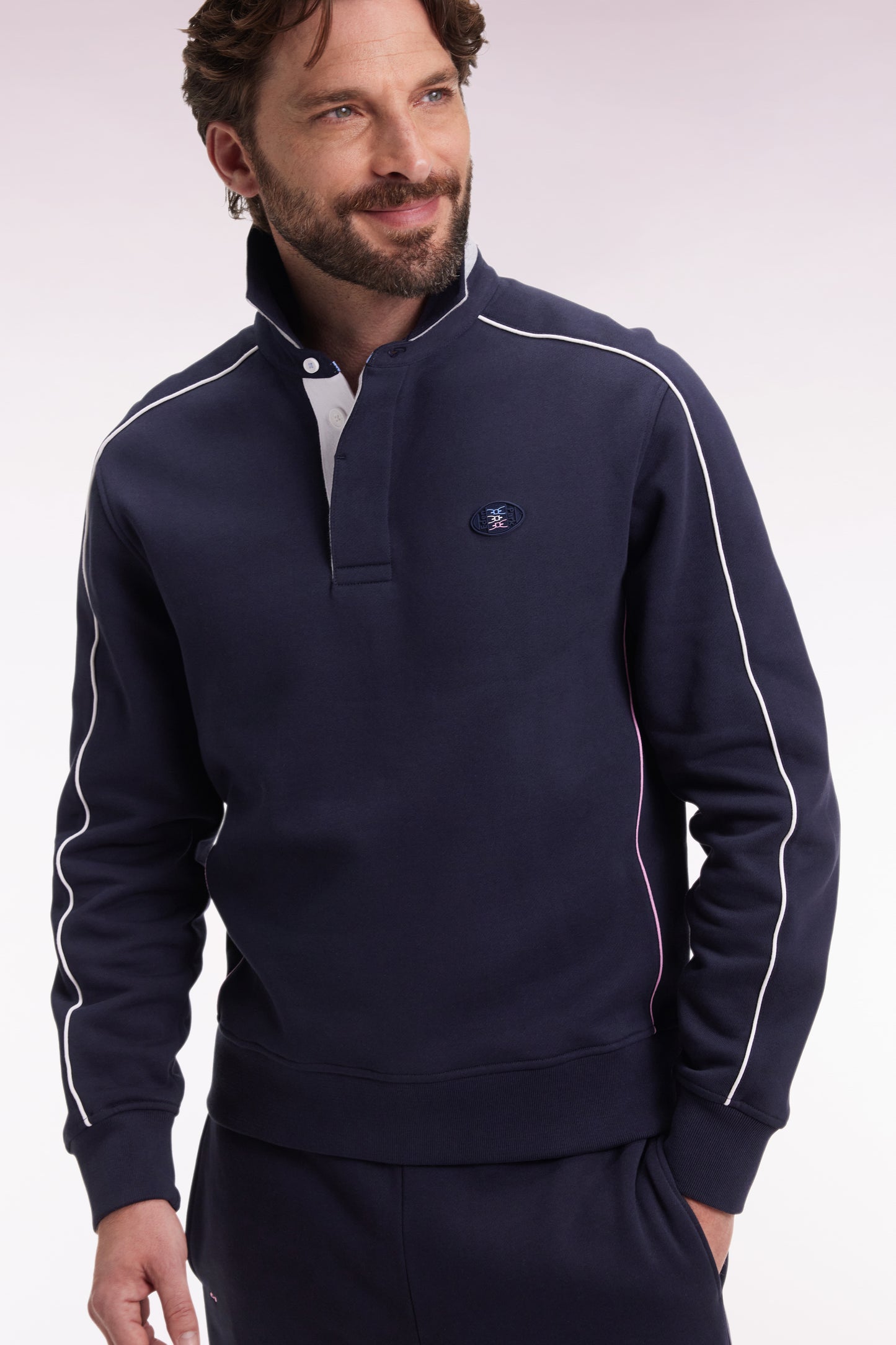 Shirt-neck sweatshirt in navy brushed fleece