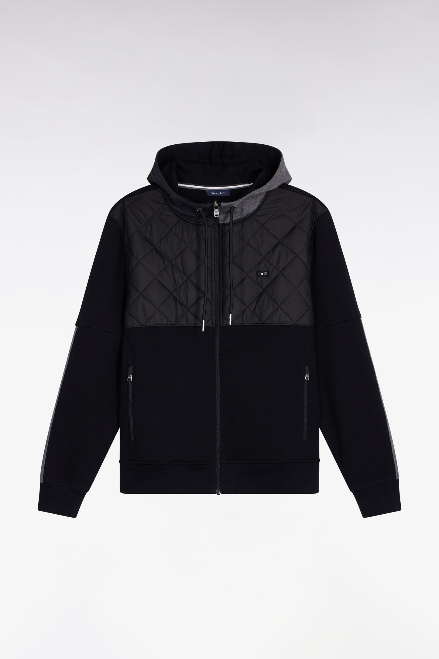 Zipped sweatshirt in black and grey quilted bimaterial interlock