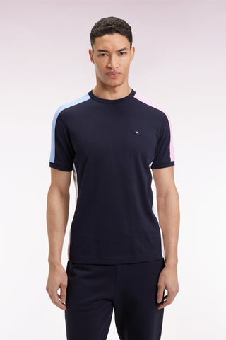 Short-sleeved navy cotton T-shirt with colorful cut-outs