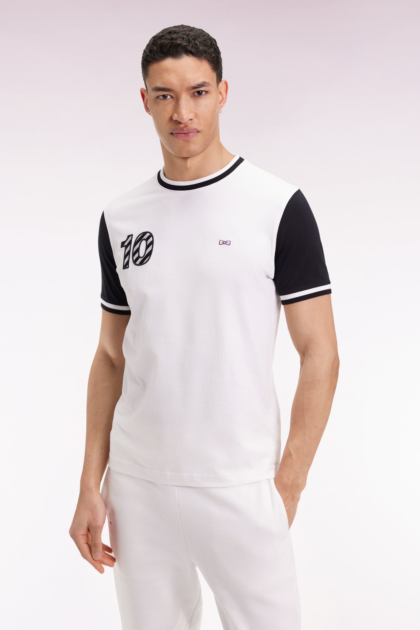 Two-tone short-sleeved T-shirt in white cotton 10" embroidery