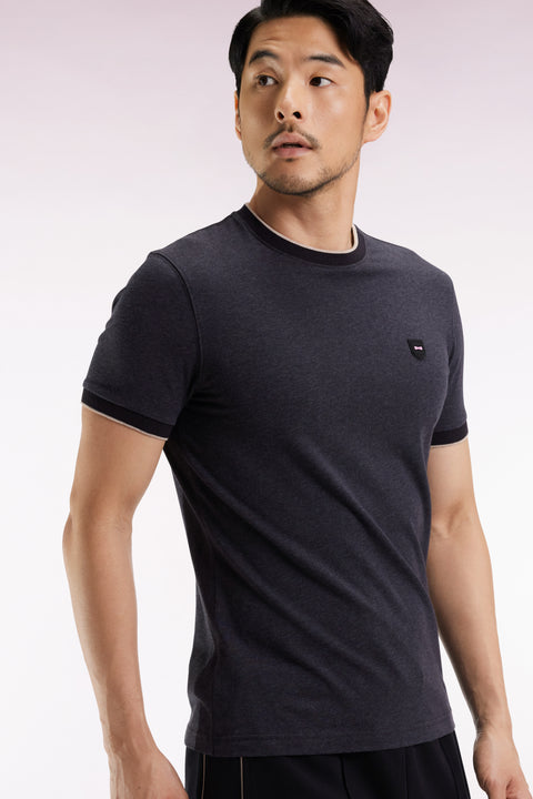 T-shirt à manches courtes en coton stretch gris anthracite coupe ajustée - Image 3