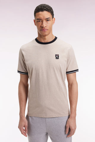 Beige and navy cotton short-sleeved T-shirt New Zealand