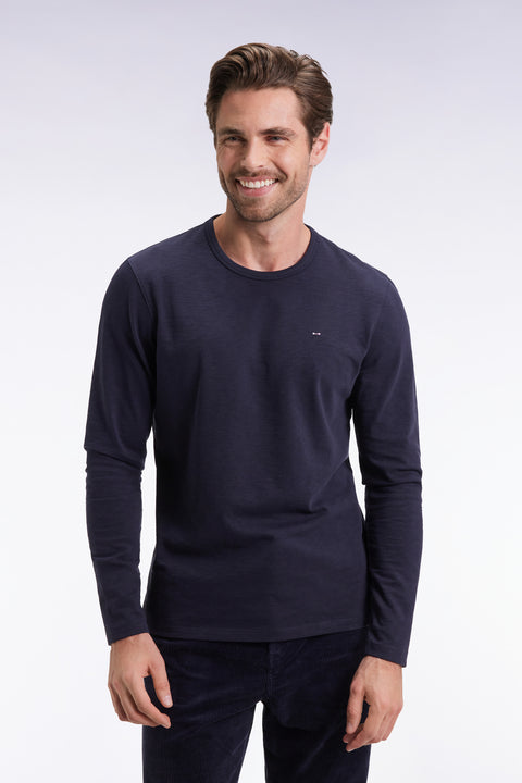 Long-sleeved T-shirt in navy slub cotton - Image 1