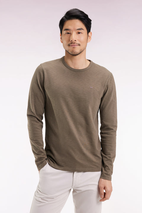 Long-sleeved T-shirt in khaki slub cotton - Image 1