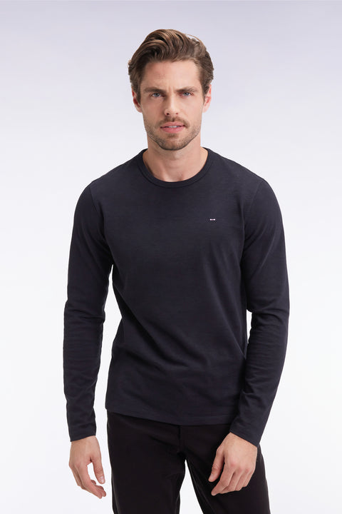 Long-sleeved T-shirt in black slub cotton - Image 1