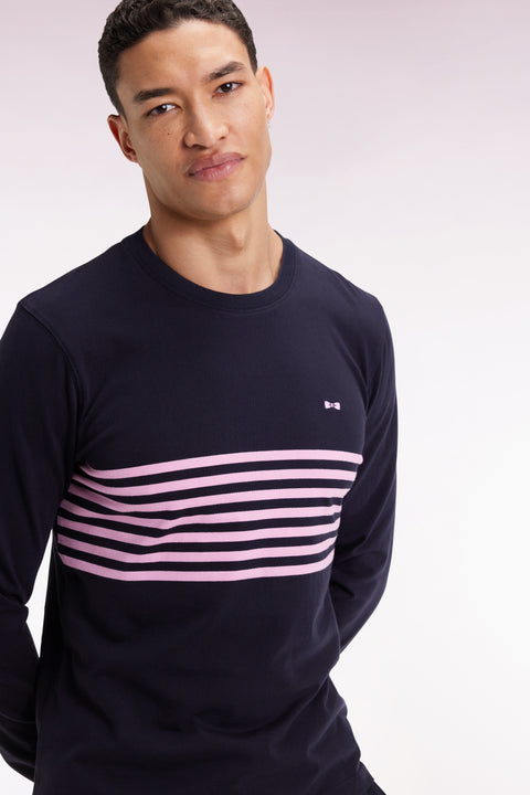 Long-sleeved navy cotton T-shirt with pink stripes - Image 3