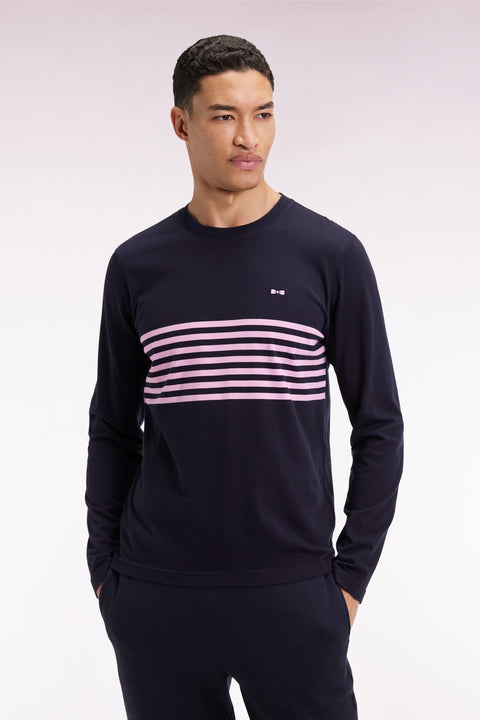 Long-sleeved navy cotton T-shirt with pink stripes - Image 1