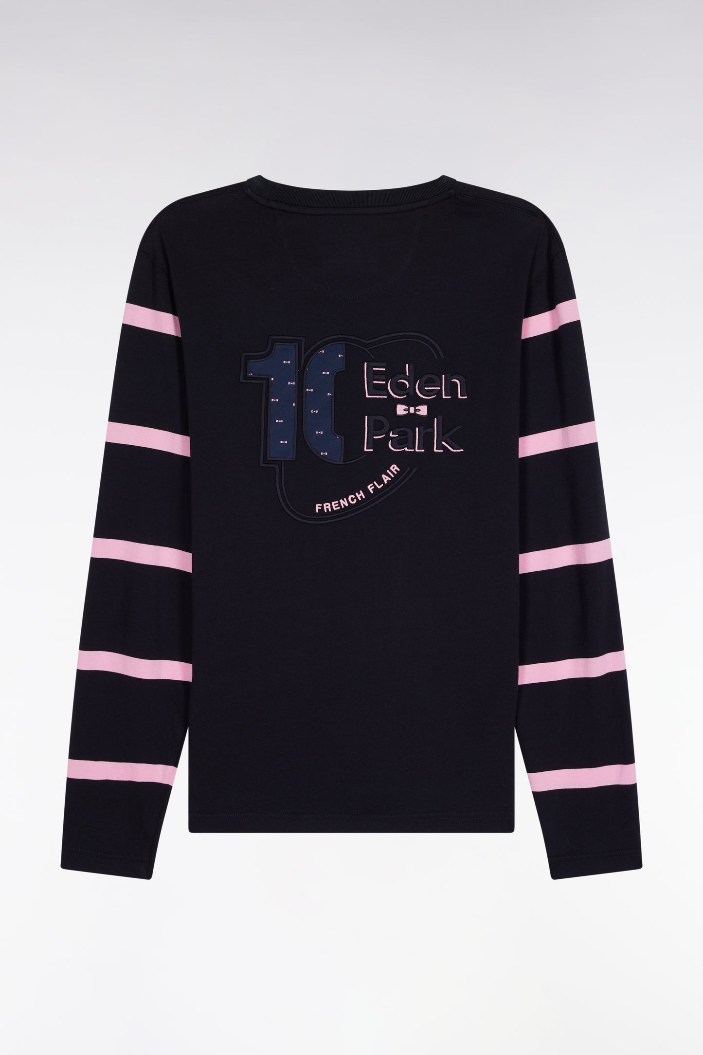 Long-sleeved navy cotton T-shirt with striped sleeves