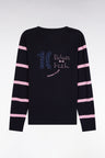 Long-sleeved navy cotton T-shirt with striped sleeves
