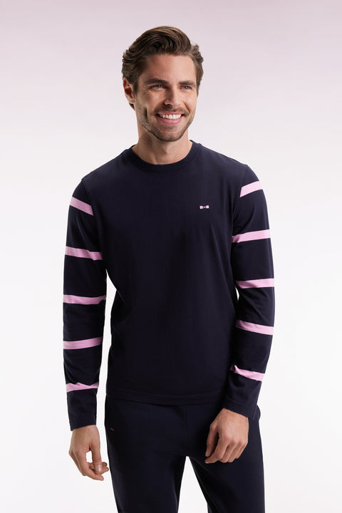 Long-sleeved navy cotton T-shirt with striped sleeves - Image 1