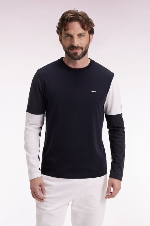 T-shirt à manches longues en coton noir colorblock blanc et gris - Image 1