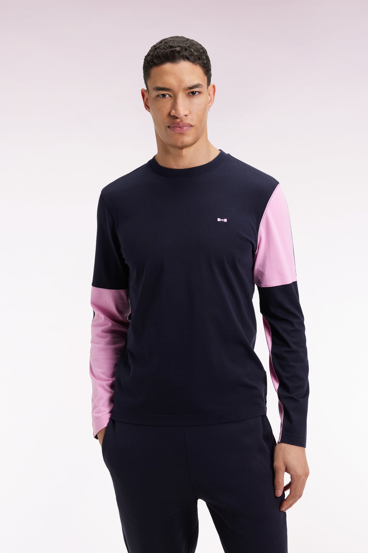 T-shirt à manches longues en coton marine colorblock rose