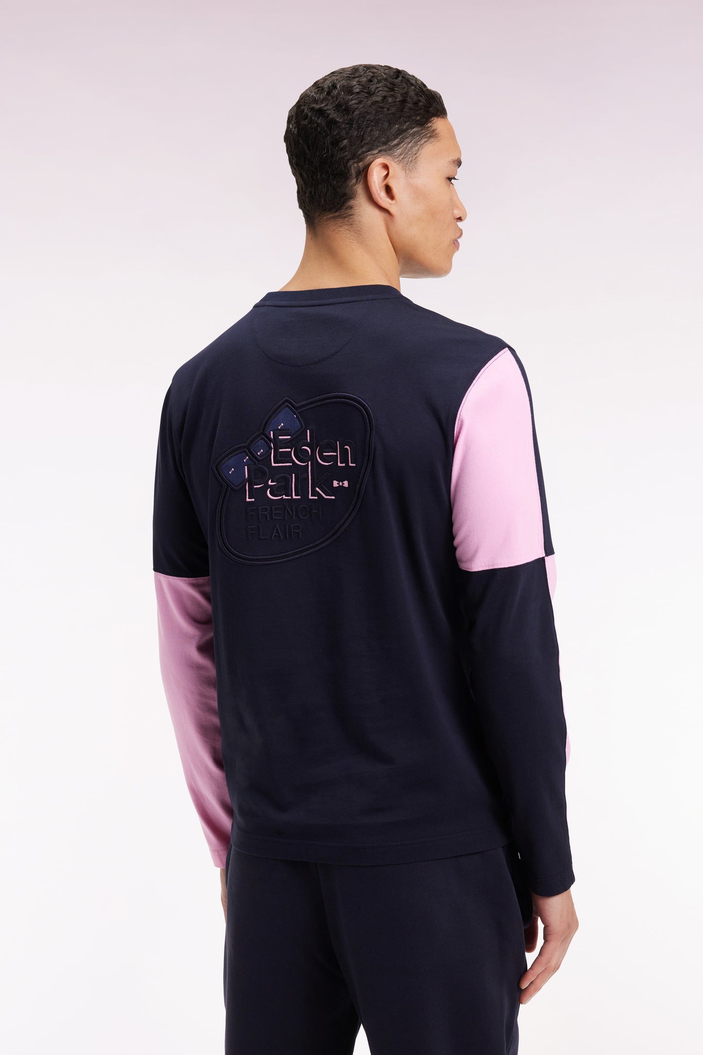 T-shirt à manches longues en coton marine colorblock rose