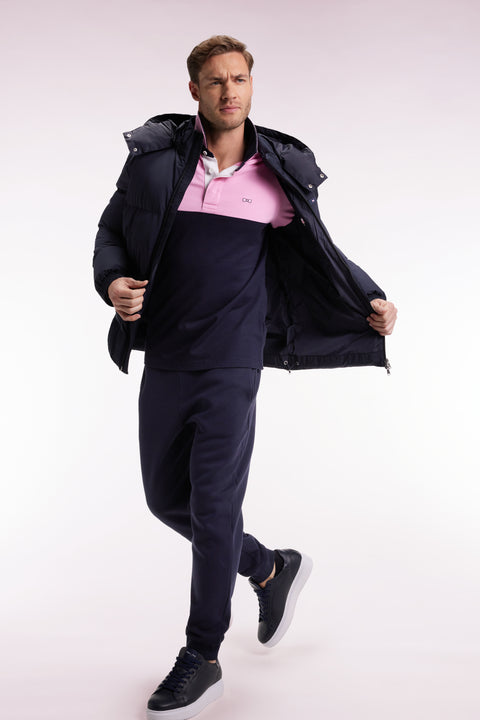 Navy quilted nylon down jacket with removable hood - Image 3