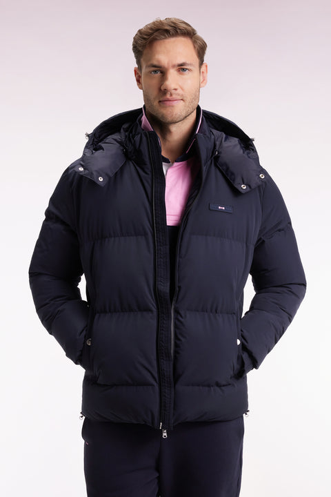 Navy quilted nylon down jacket with removable hood - Image 1