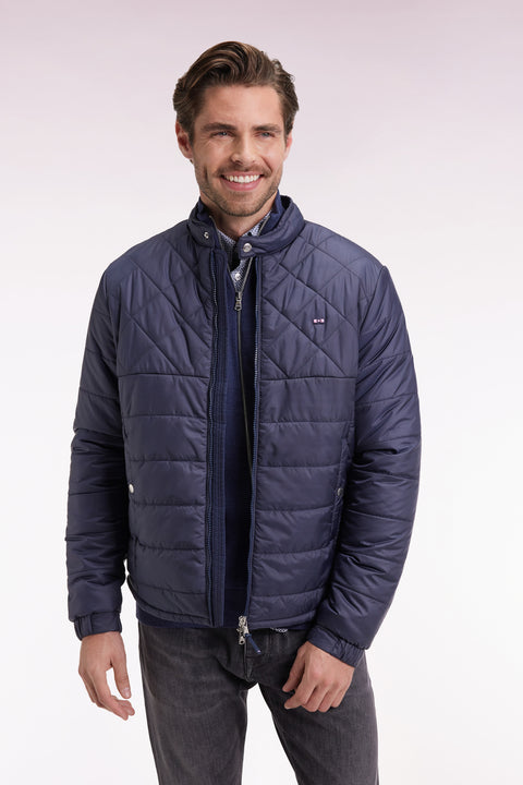 Beige quilted nylon jacket with biker collar - Image 1