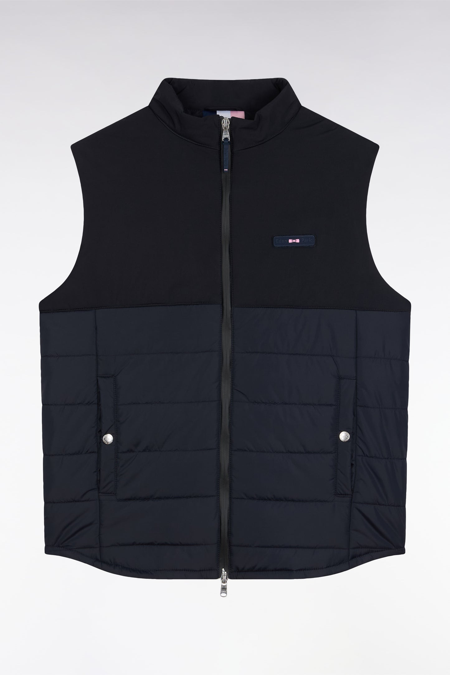 Navy two-material sleeveless down jacket