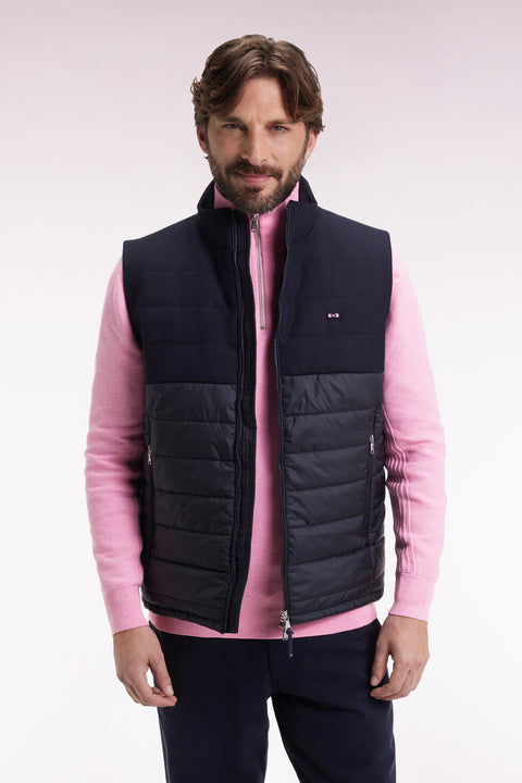 Doudoune sans manches bimatière en nylon et flanelle marine - Image 1