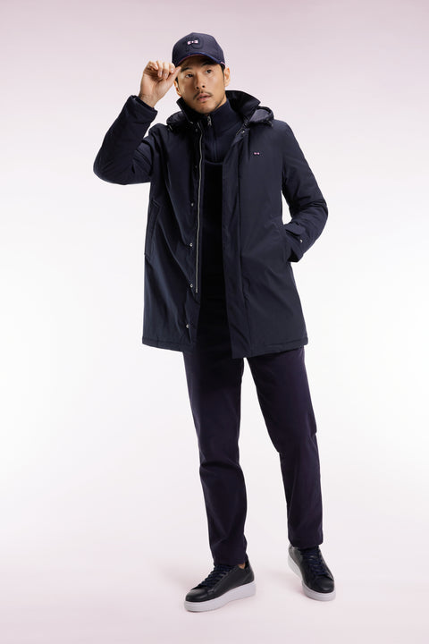 Long navy nylon raincoat with removable hood - Image 3