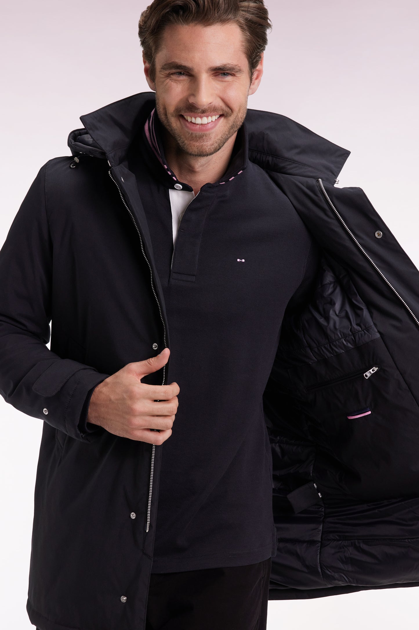 Long black nylon raincoat with removable hood