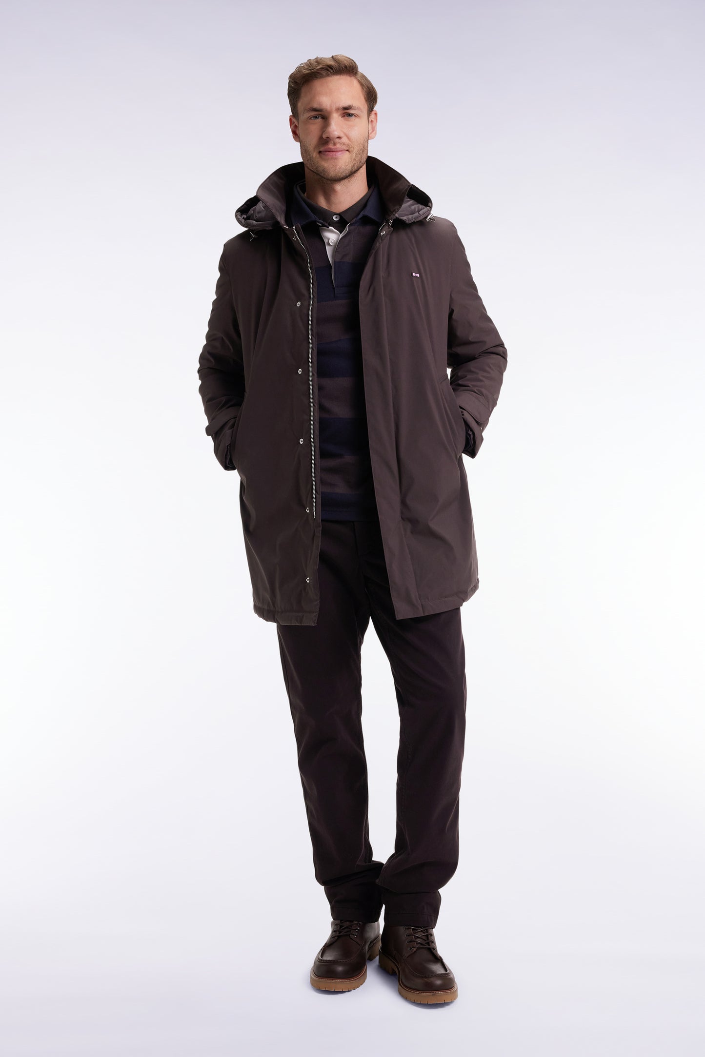 Long brown nylon raincoat with removable hood