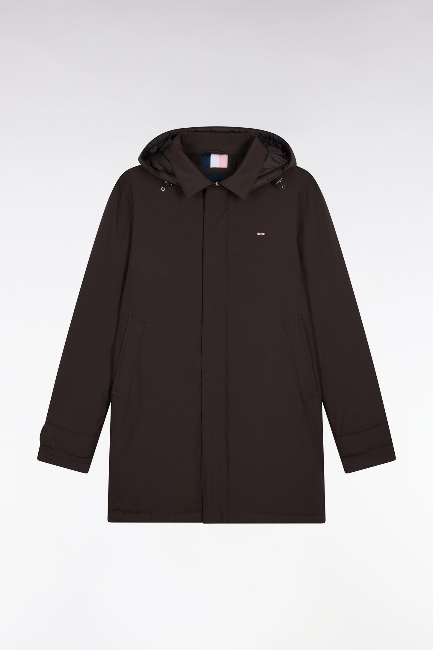 Long brown nylon raincoat with removable hood