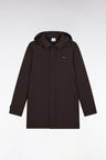 Long brown nylon raincoat with removable hood