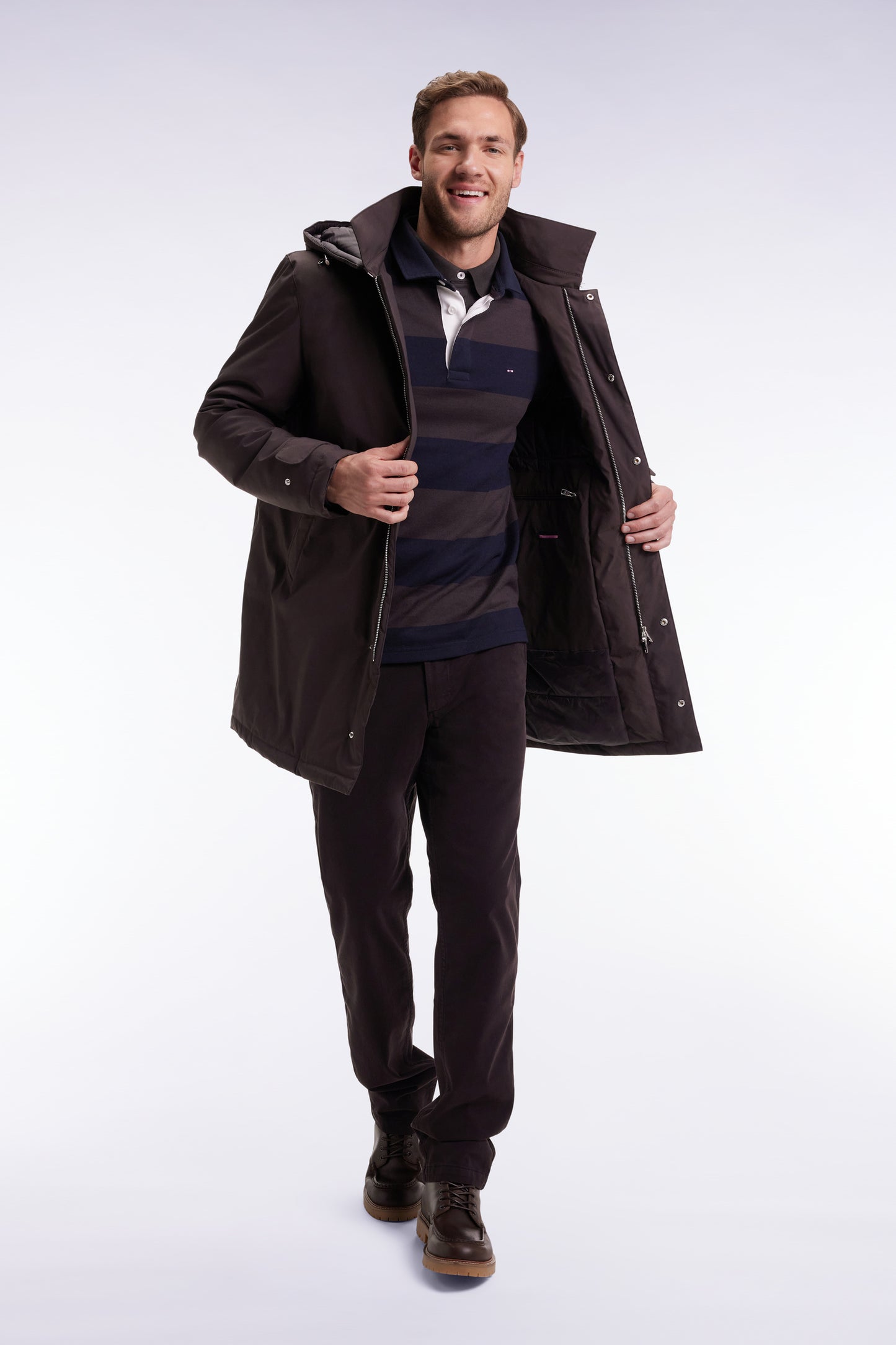 Long brown nylon raincoat with removable hood