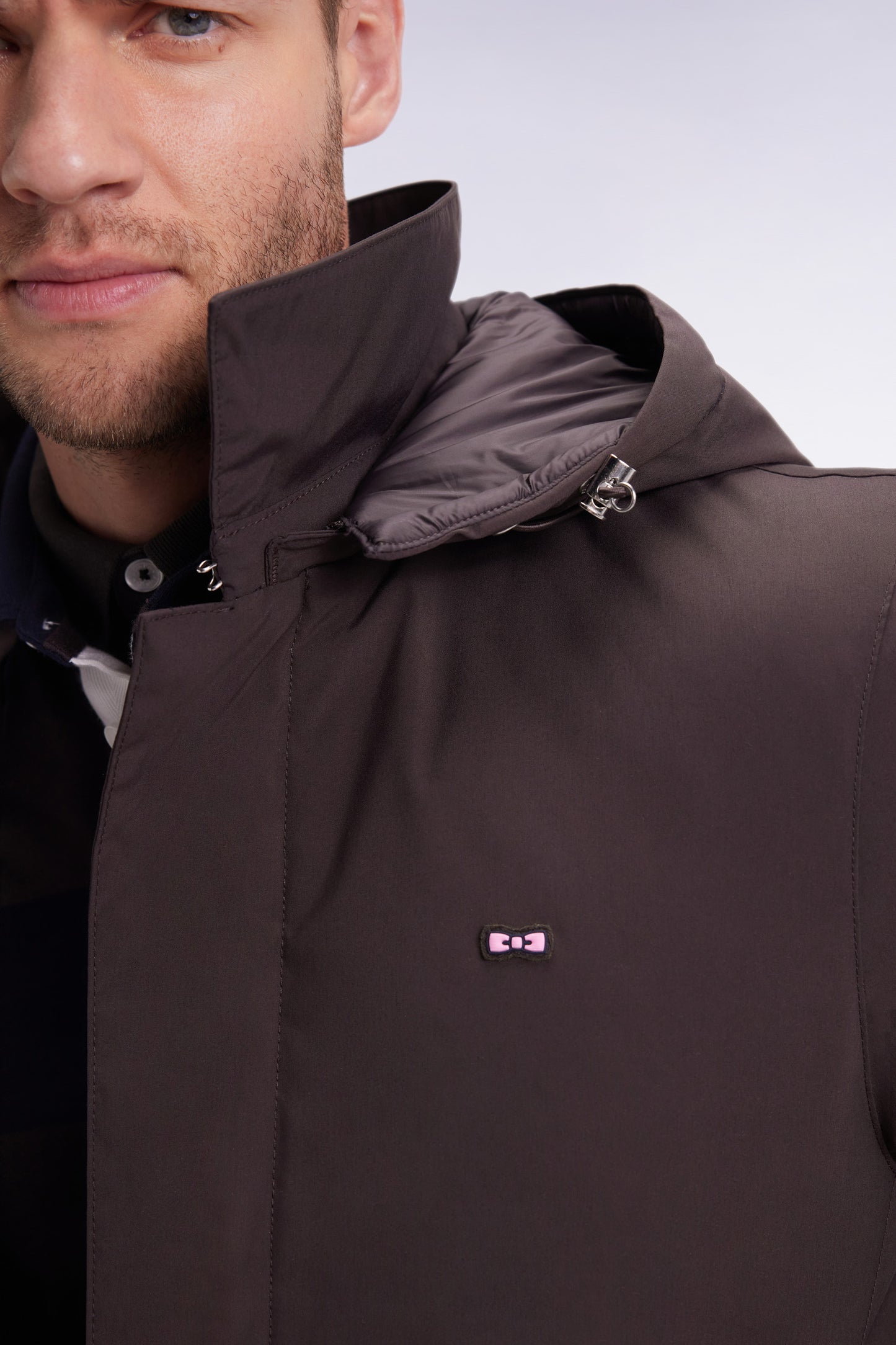 Long brown nylon raincoat with removable hood