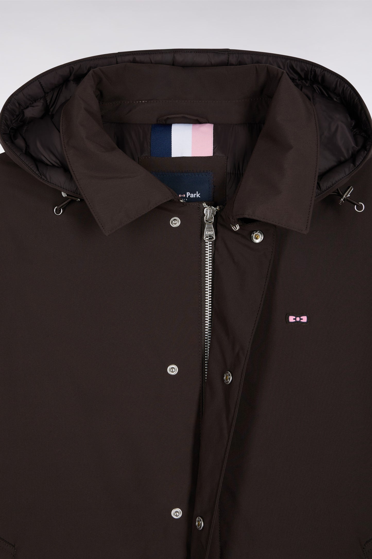Long brown nylon raincoat with removable hood
