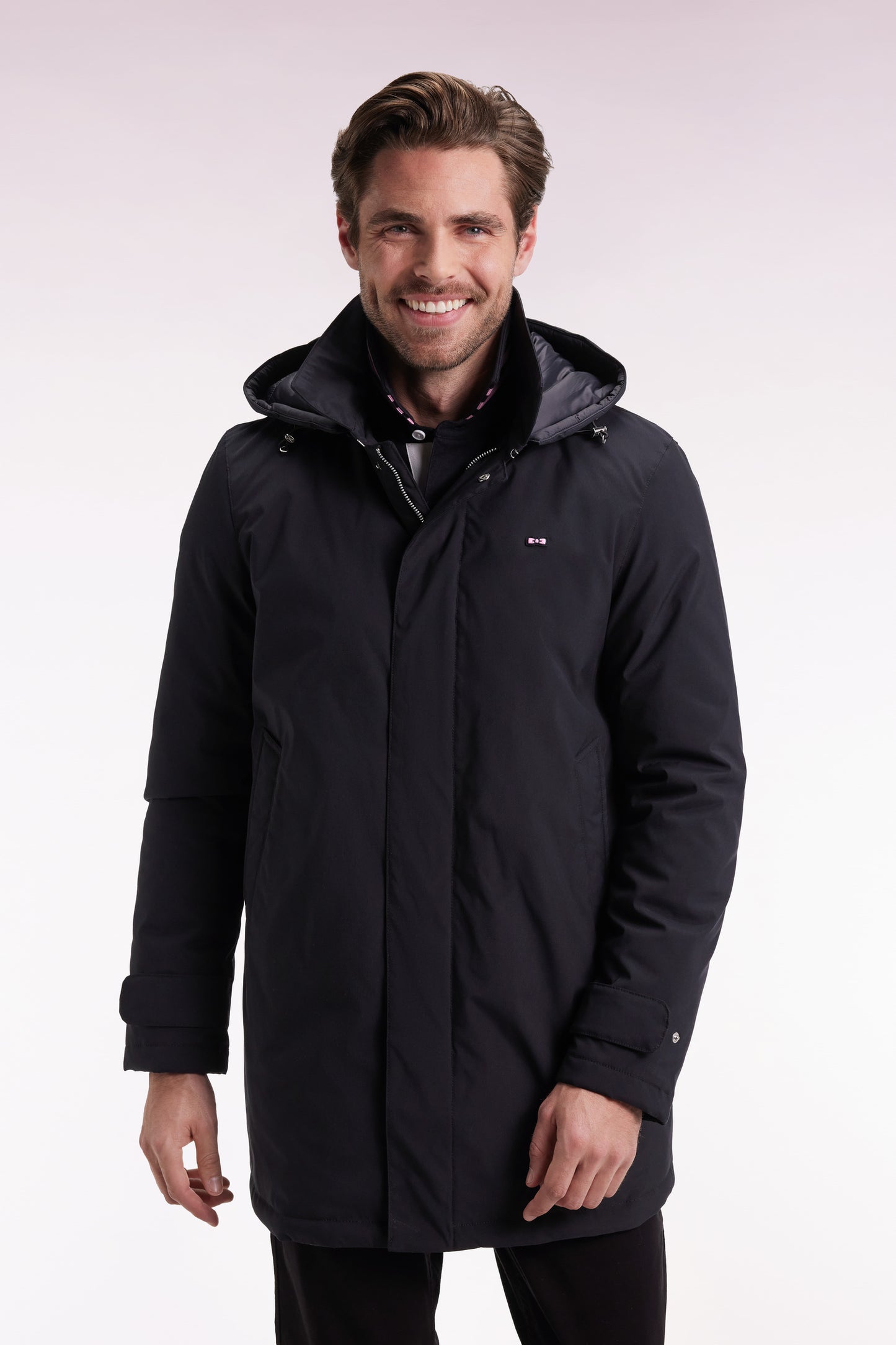 Long black nylon raincoat with removable hood