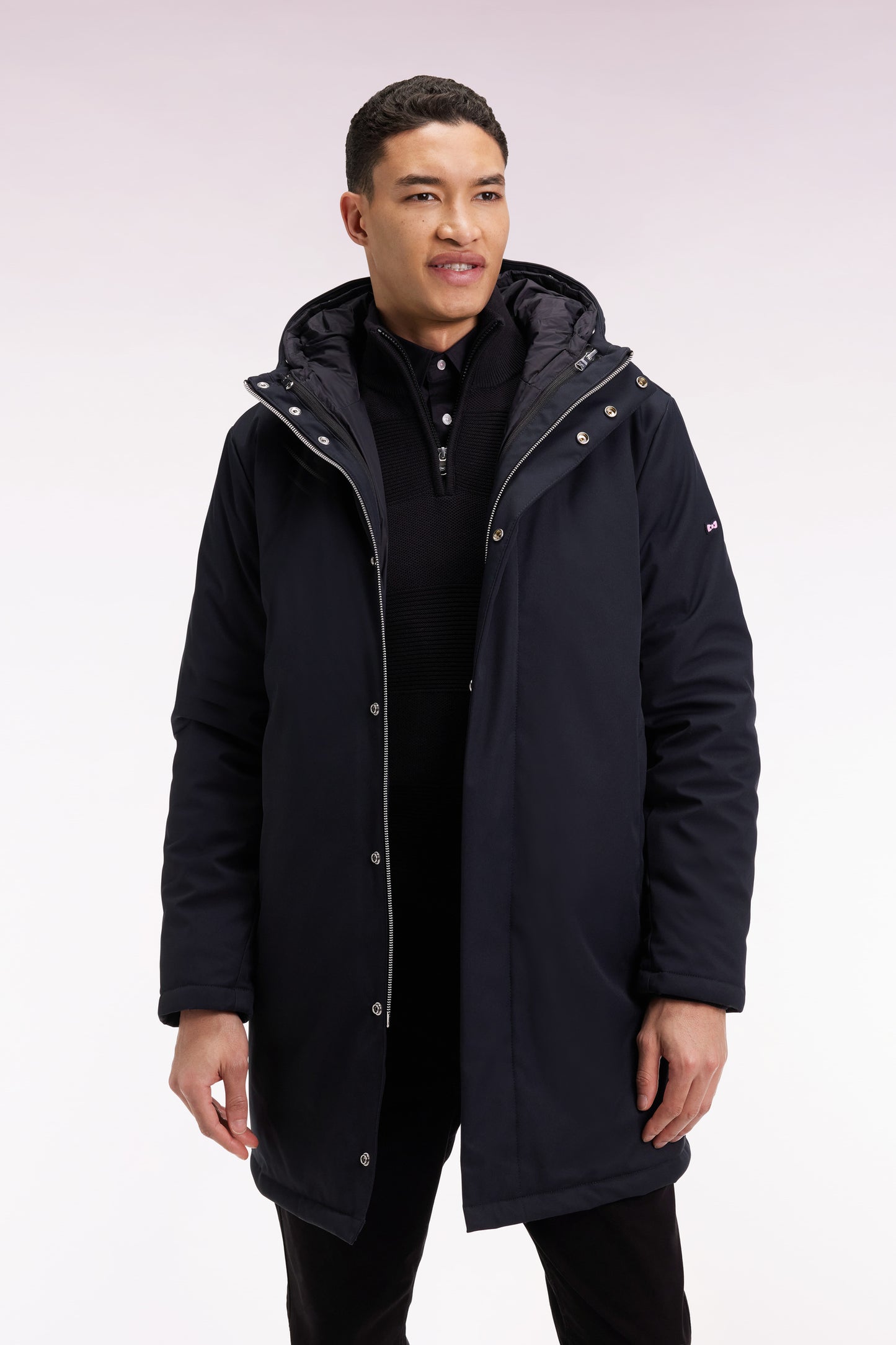 Long 2-in-1 parka in black nylon with integrated hood