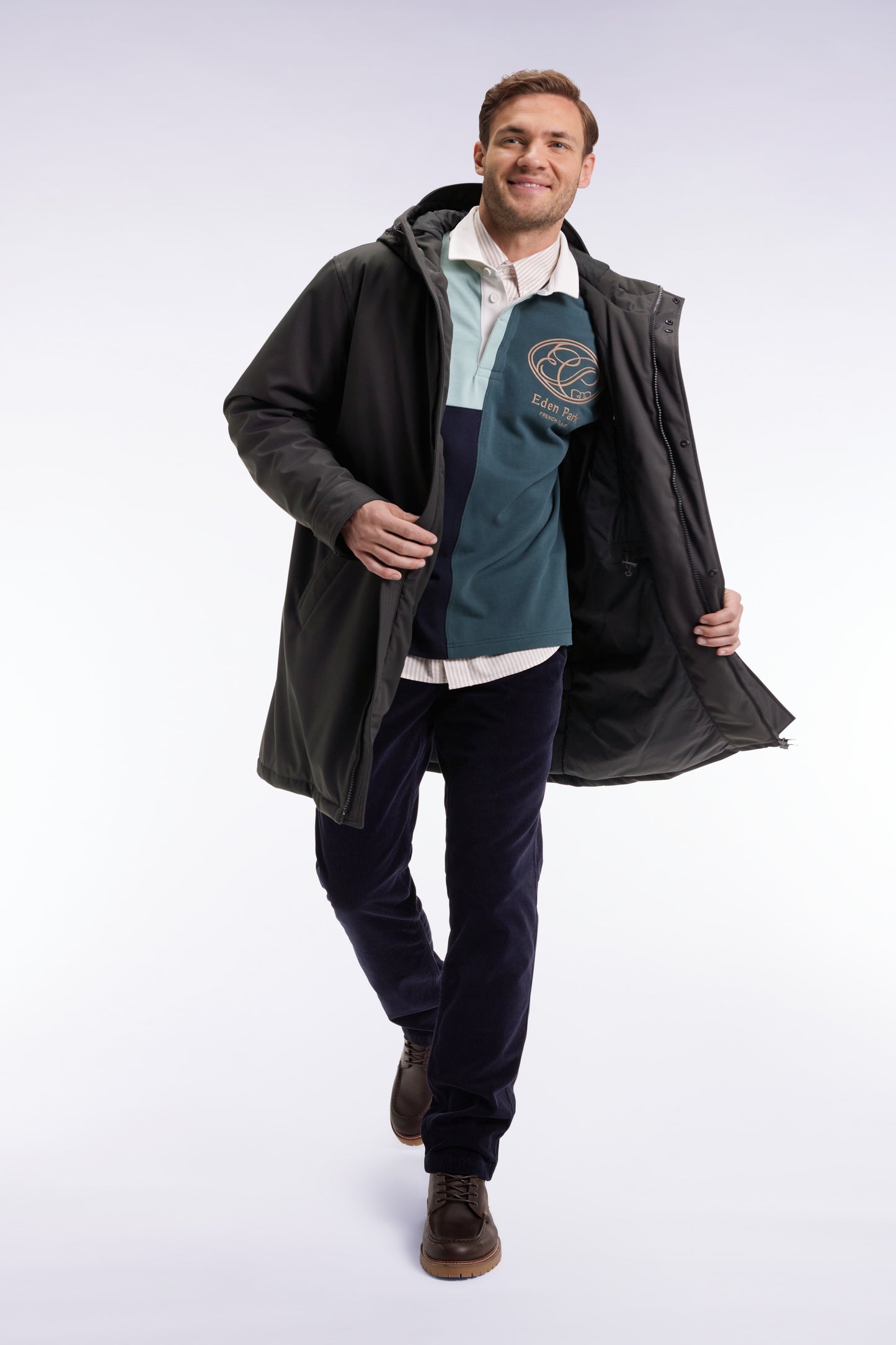 Long khaki nylon parka with integrated hood