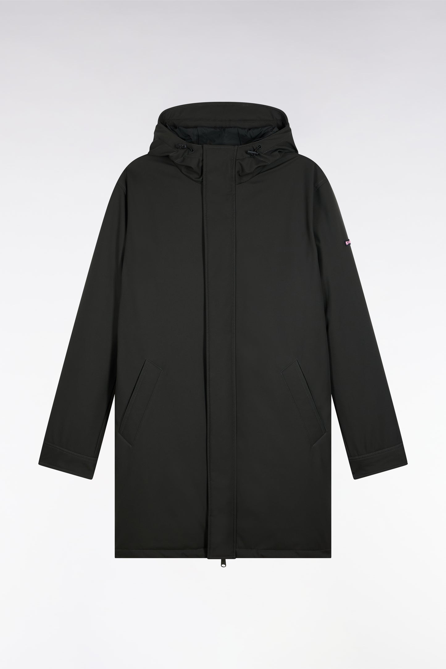 Long khaki nylon parka with integrated hood