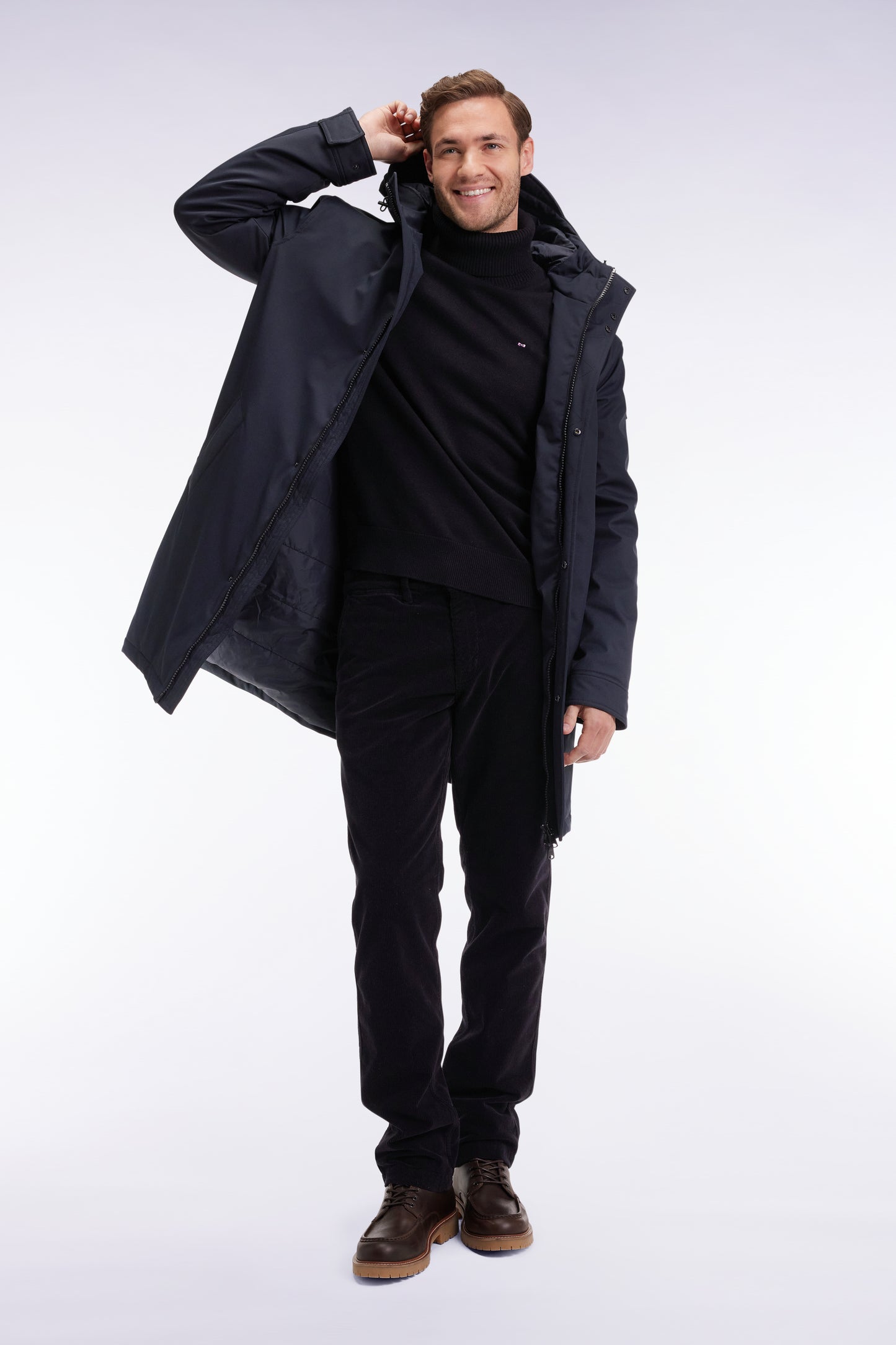 Long black nylon parka with integrated hood