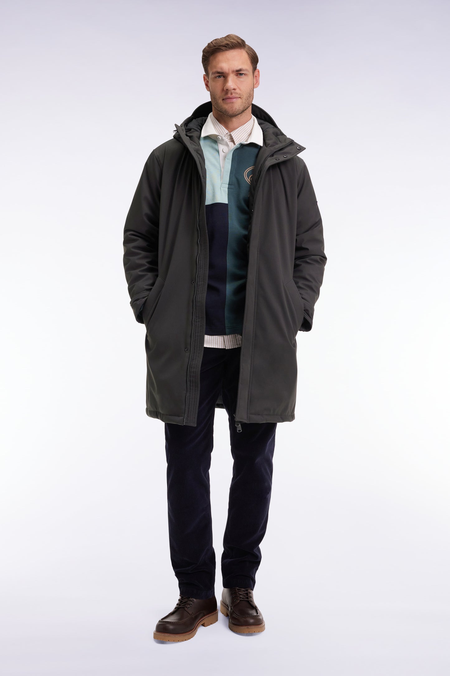 Long khaki nylon parka with integrated hood