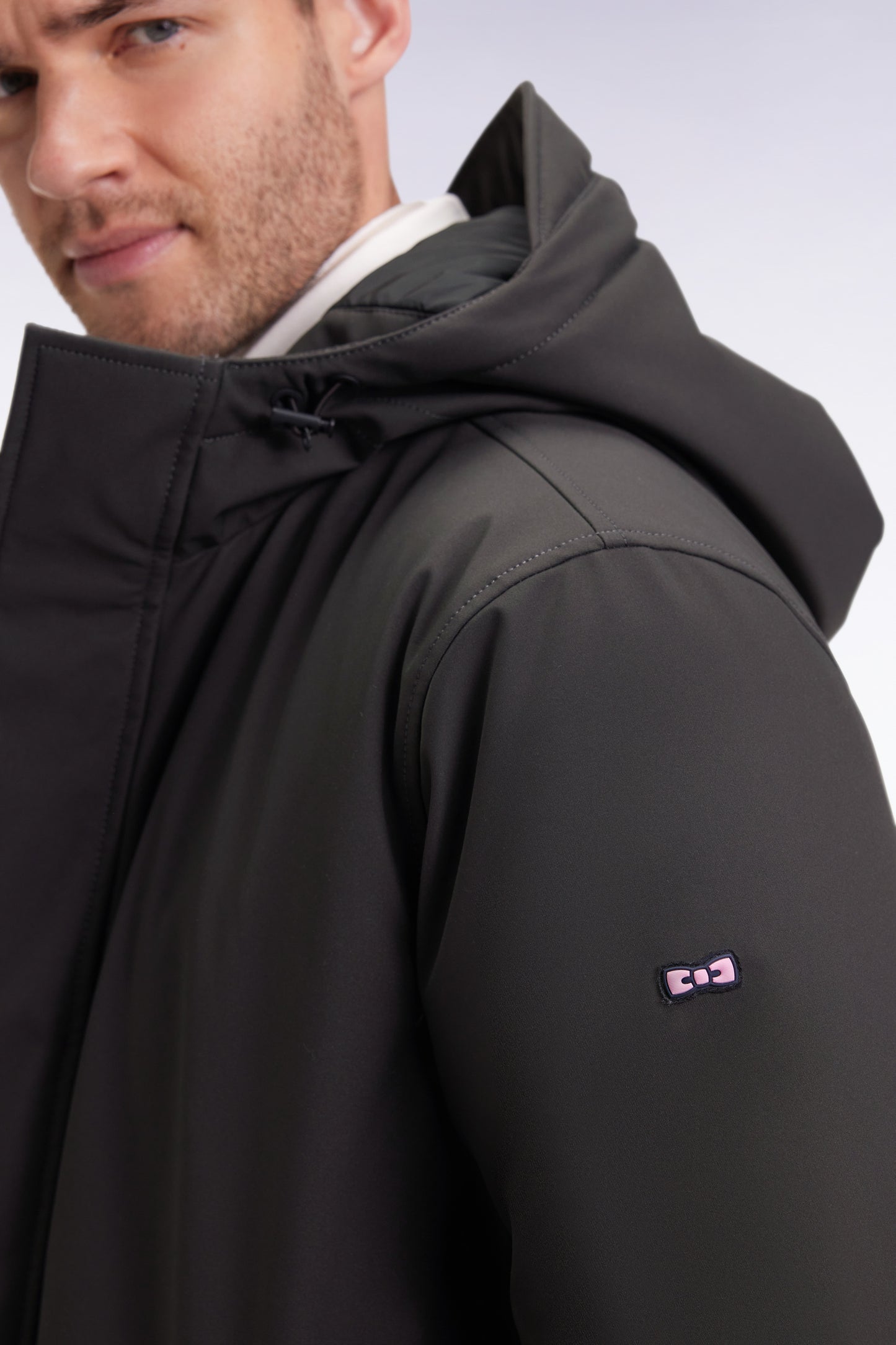 Long khaki nylon parka with integrated hood