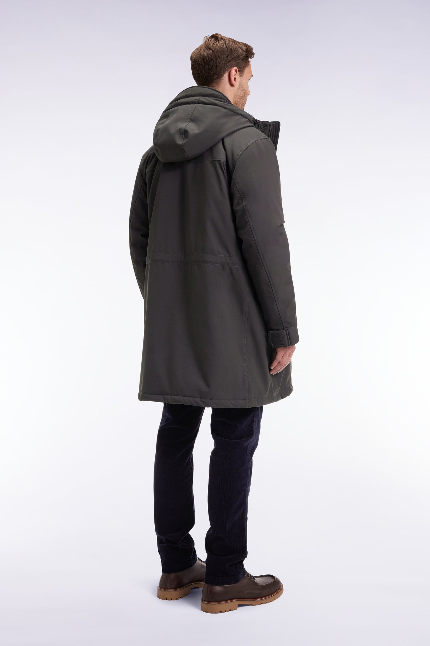 Long khaki nylon parka with integrated hood