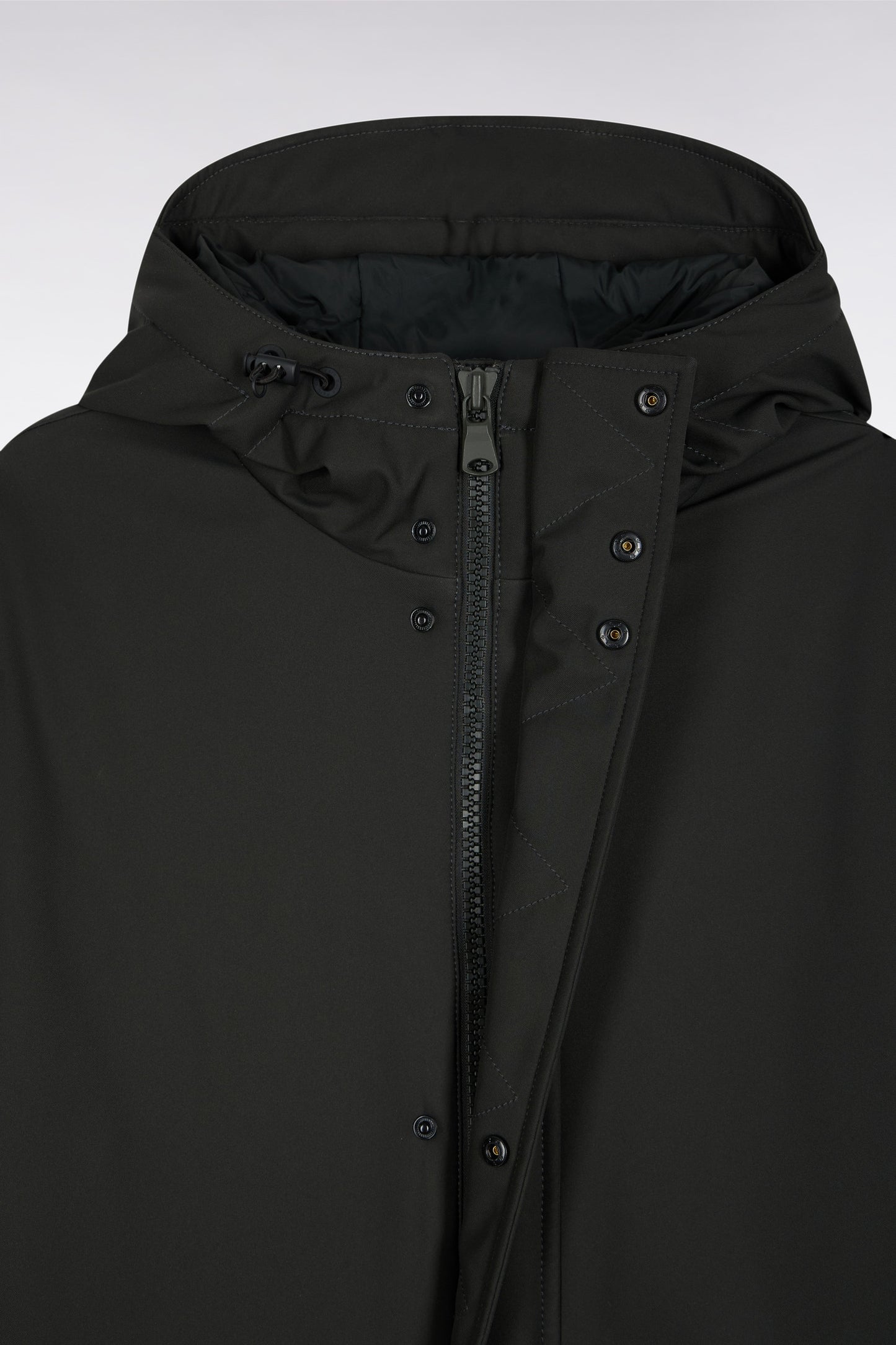 Long khaki nylon parka with integrated hood