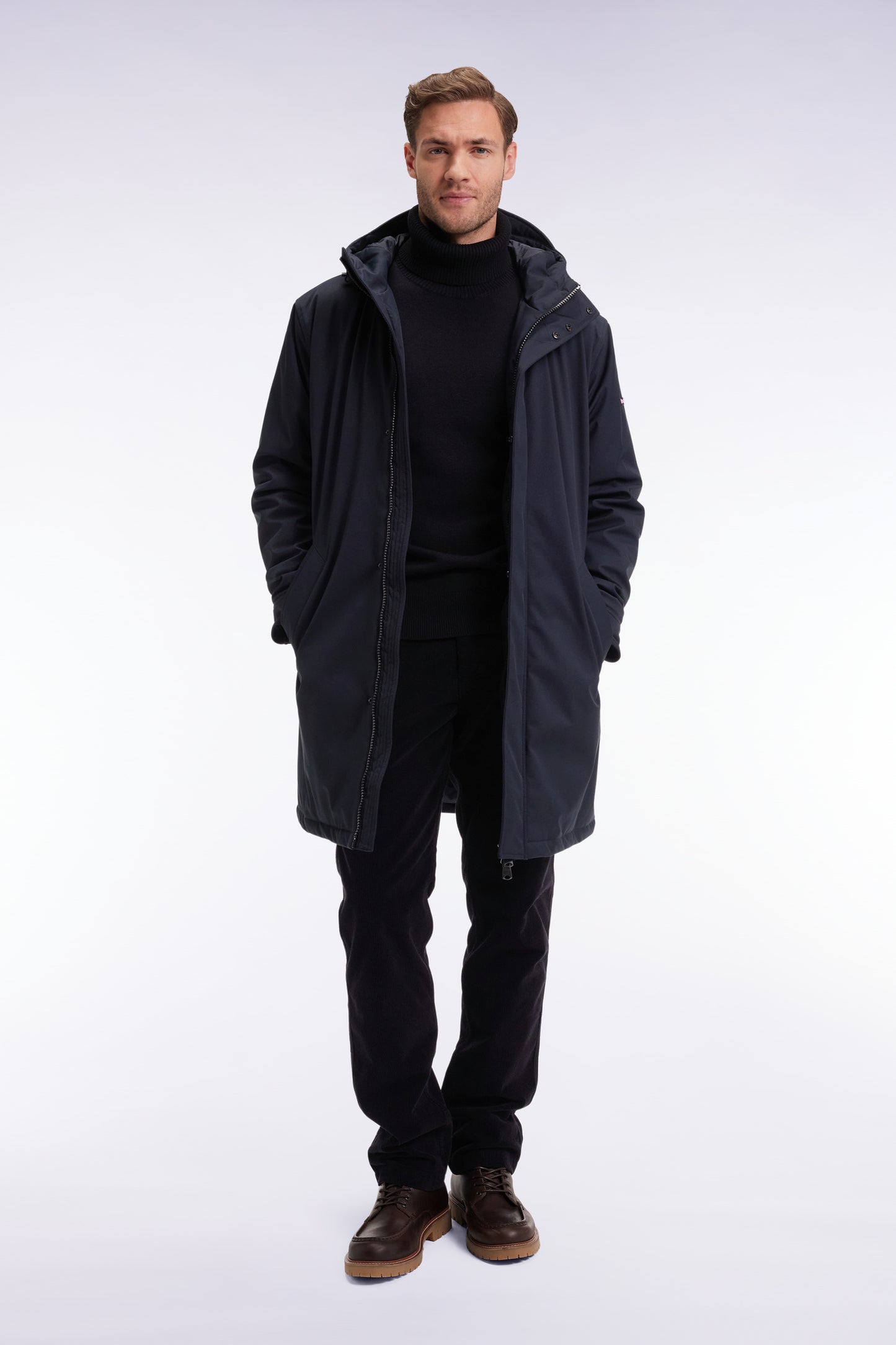 Long black nylon parka with integrated hood