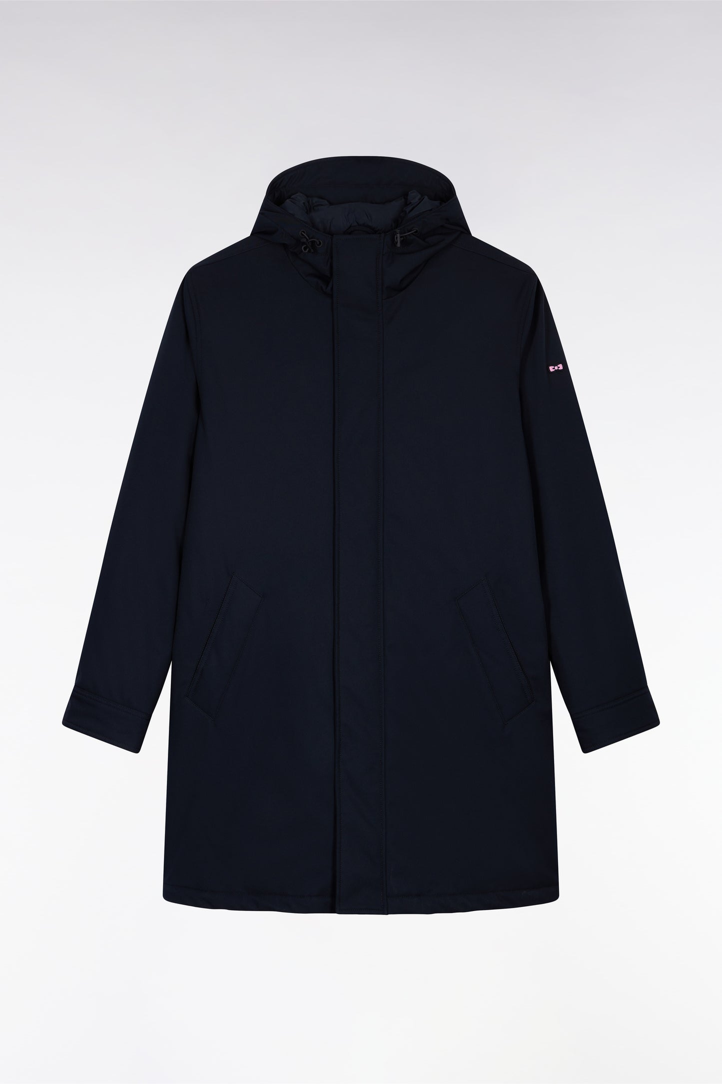 Long black nylon parka with integrated hood