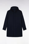 Long black nylon parka with integrated hood