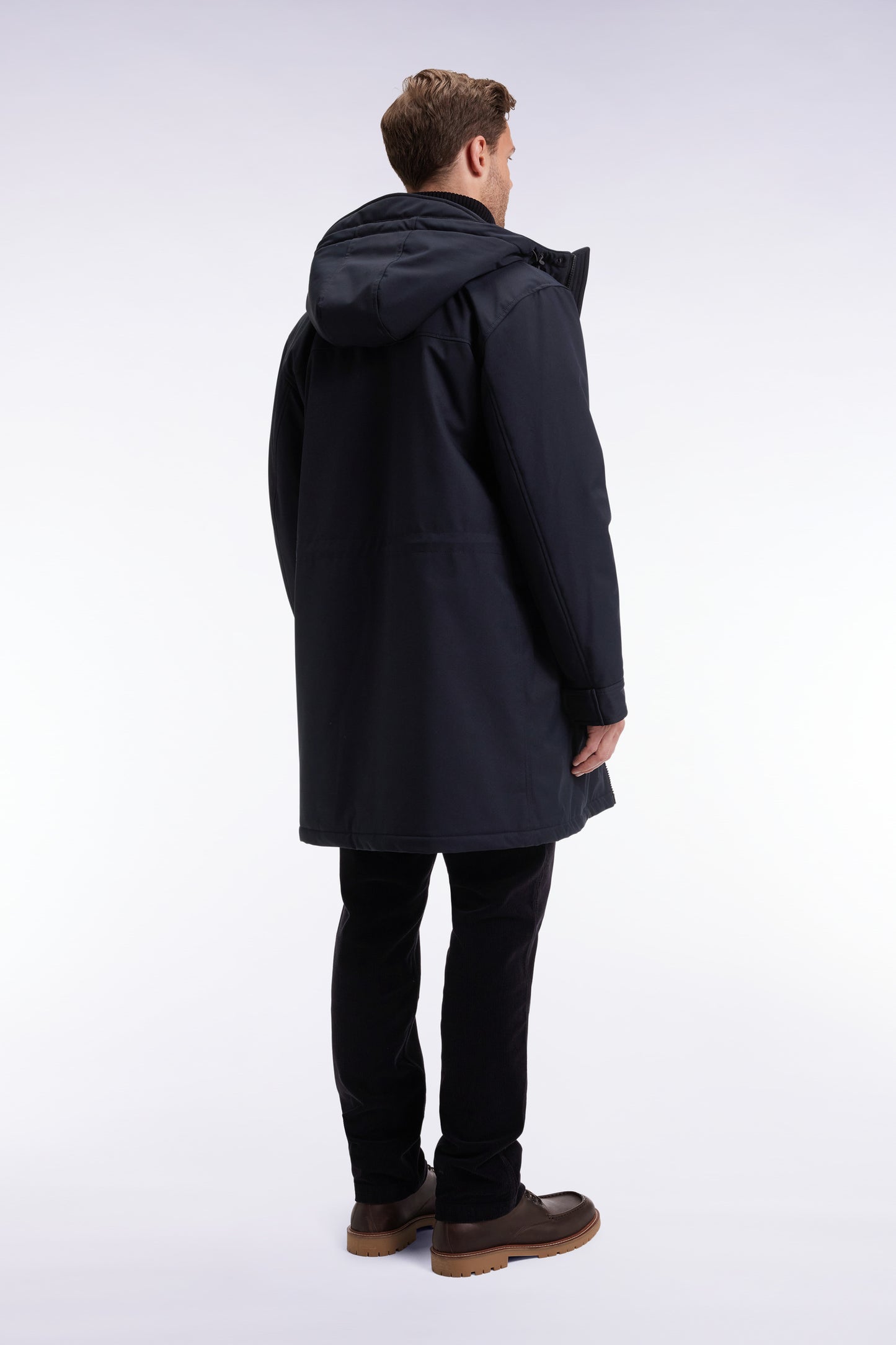 Long black nylon parka with integrated hood