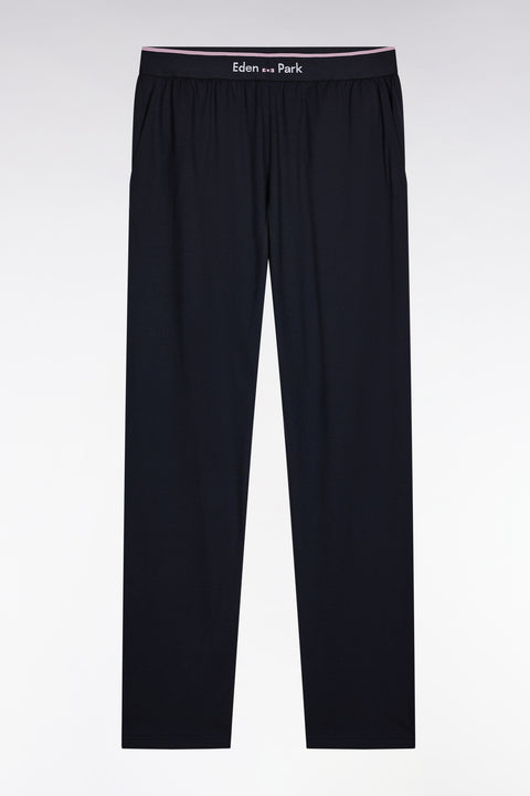 Long pyjamas in plain navy cotton jersey with pink piping - Image 2