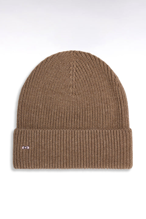 Bonnet côtelé en laine et coton marron - Image 1
