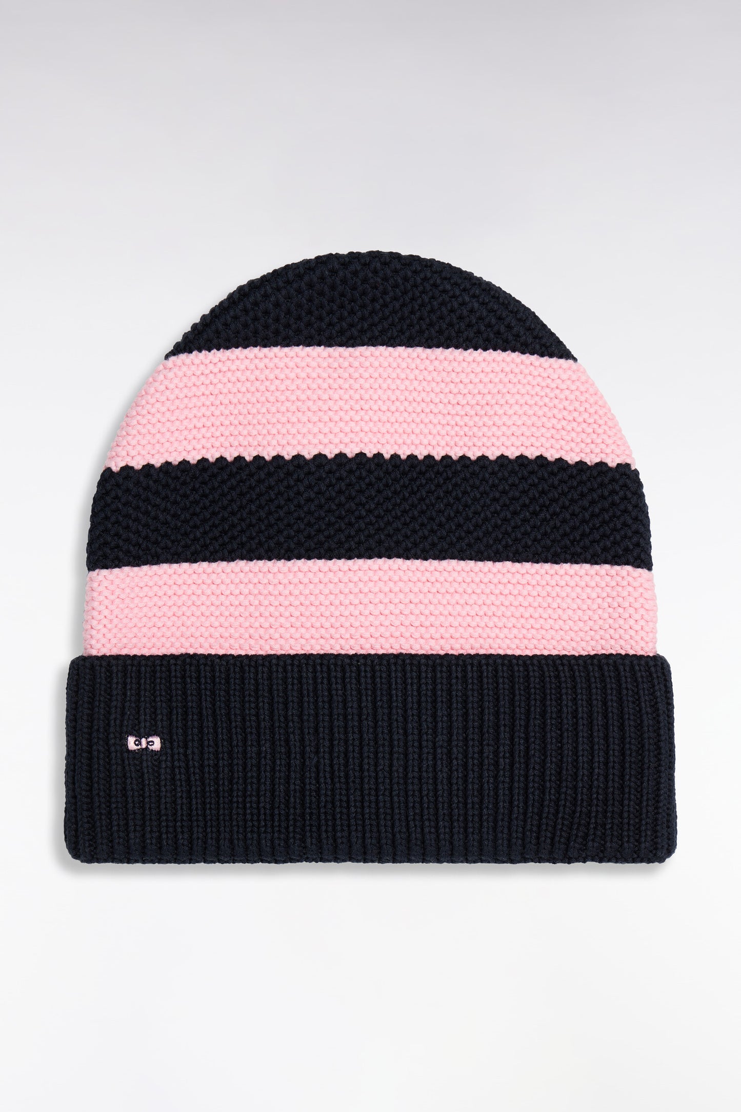 Bonnet en coton rayé rose et marine