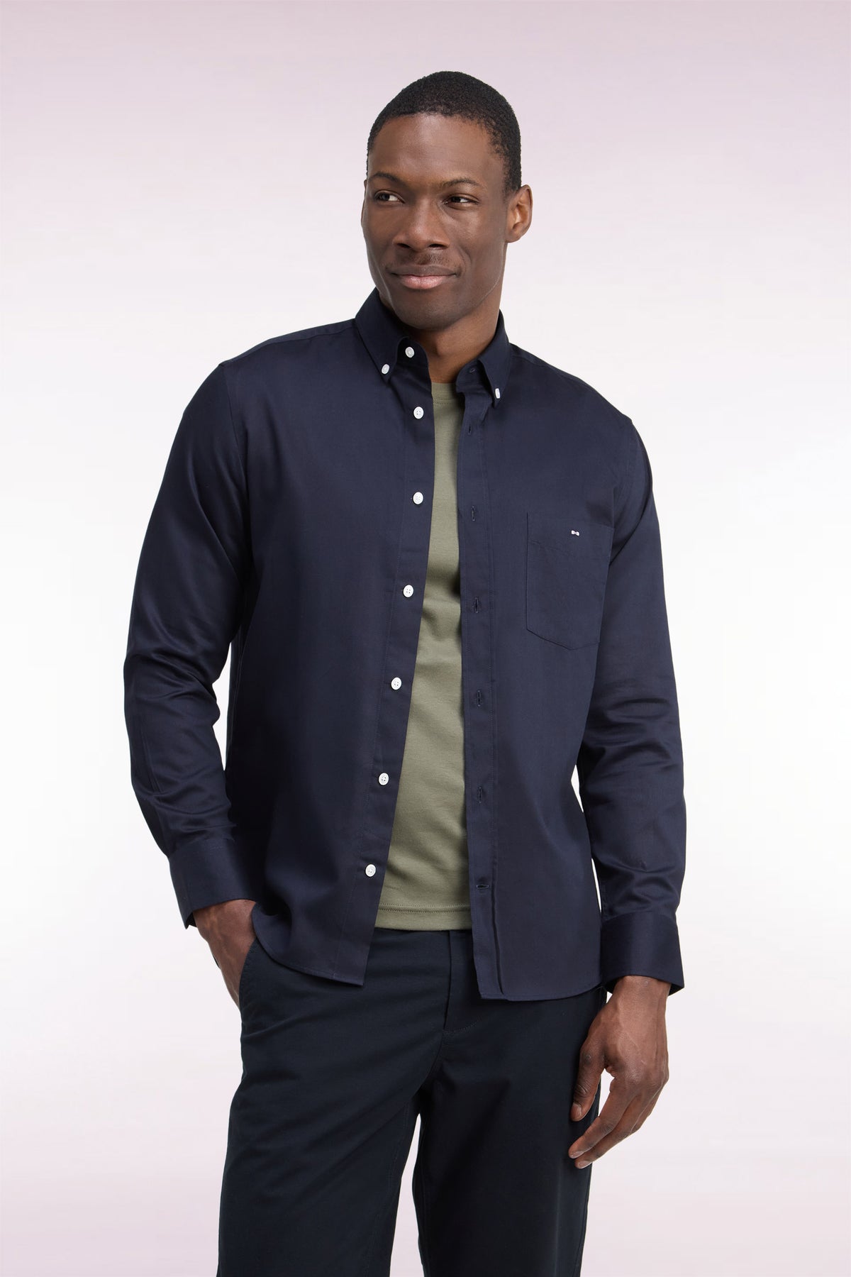 Straight cut navy cotton piqué shirt
