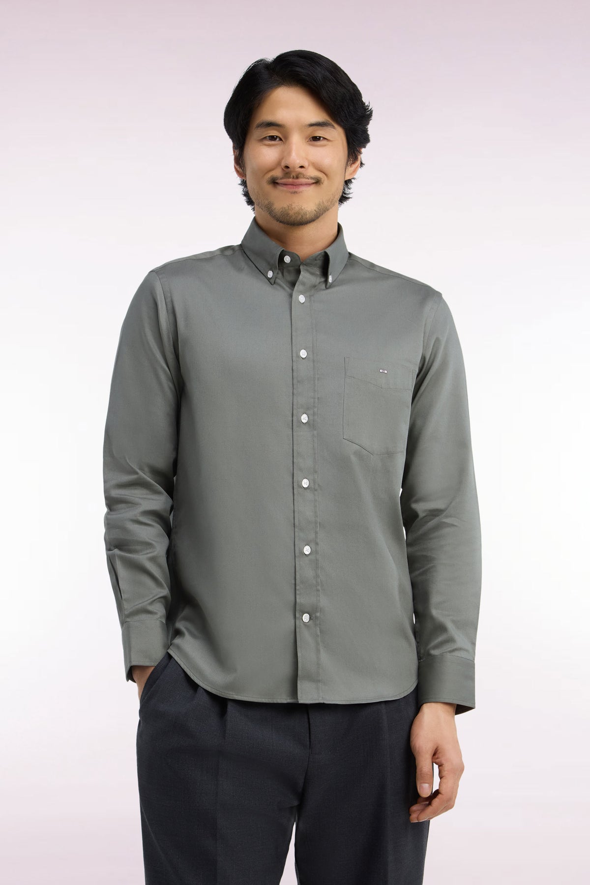 Olive green cotton piqué straight-cut shirt